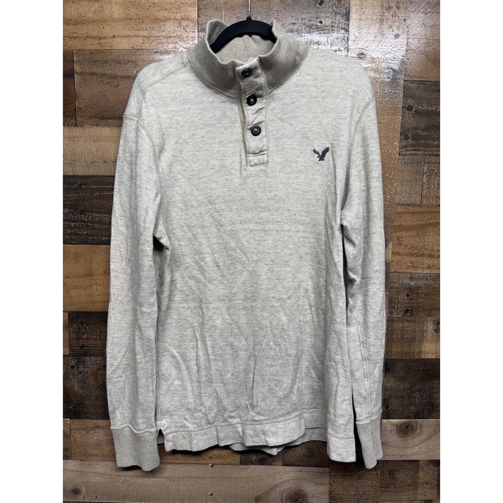American Eagle Mens LT Oatmeal Heather Grey Mock Neck Button Henley Pullover